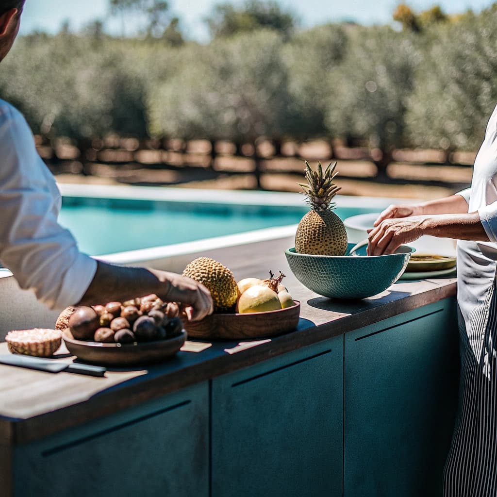 Chef and guest preparing tropical fruit dishes