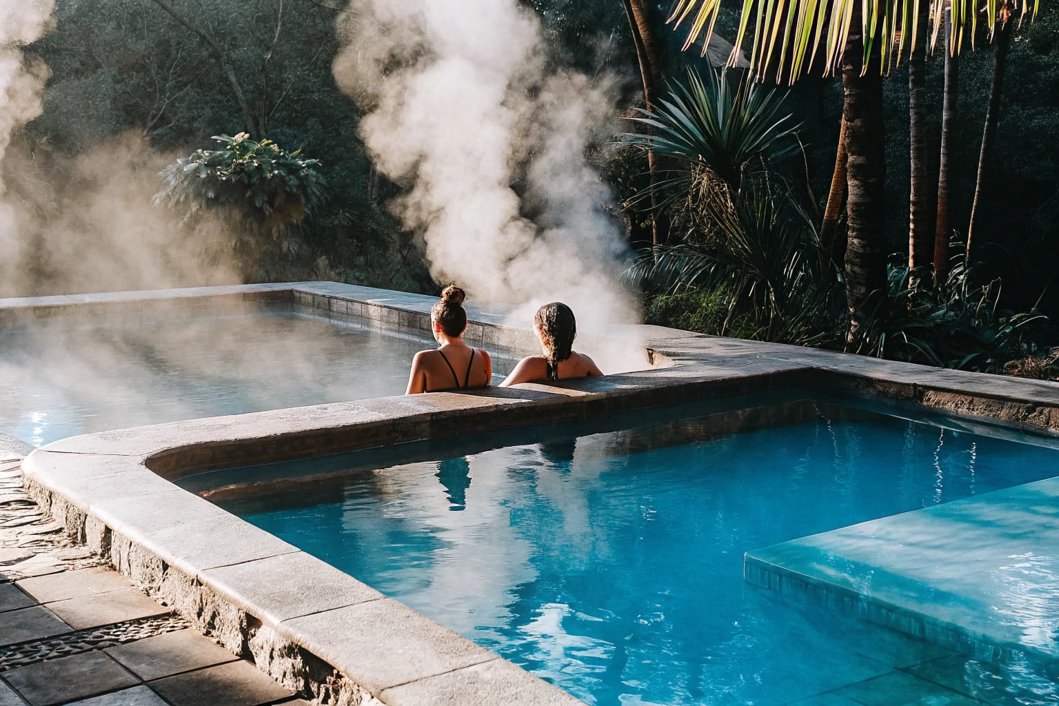 Travelers relaxing beside natural hot spring pools in forest