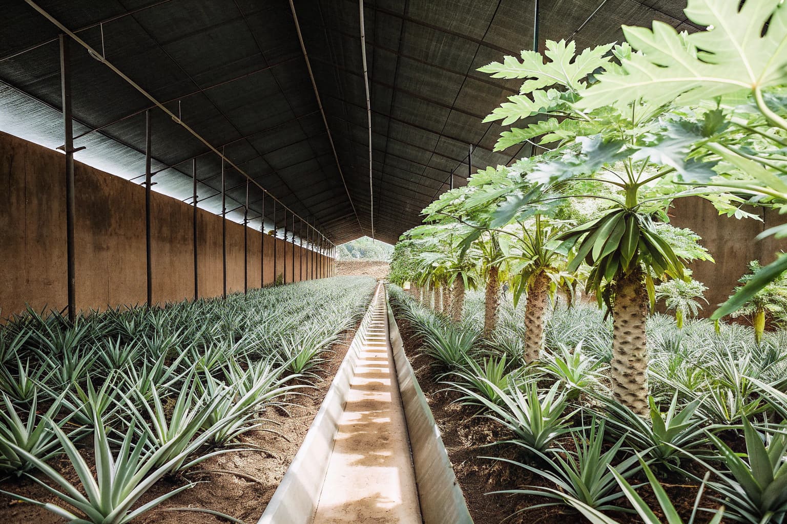 Papaya and banana trees among pineapple rows